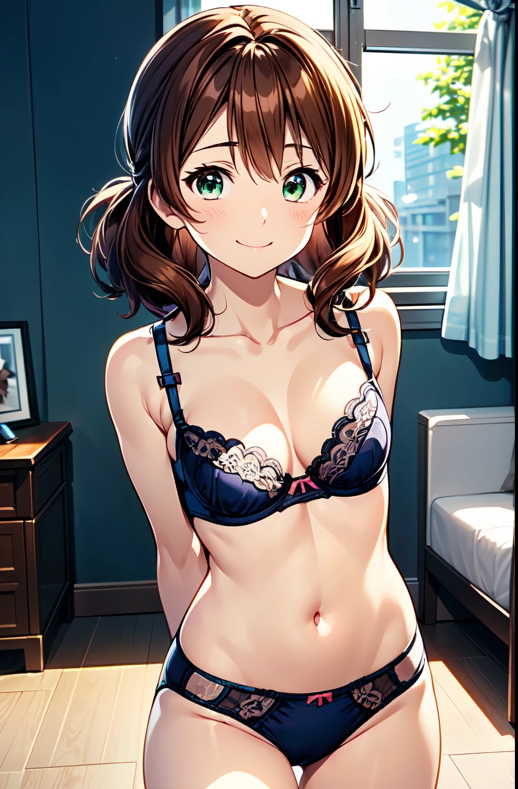 Representative works、 Ultra Precise 、Omae Kumiko、Brown Hair、((( mastepeas)))、((( best quality)))、Standing、 selfie 、 1 Girl、One person、 closed mouth、smile、blush、 beautiful black hair、long attractive hair、Green Eyes、 charming eyes、smile、(白色のunderwear、 ピンクのunderwear:1.5)、(白色のunderwear、  bra、underwear), Highly Detailed CG、(Arms behind back、Perfect hands、 perfect anatomy )、 smiles
