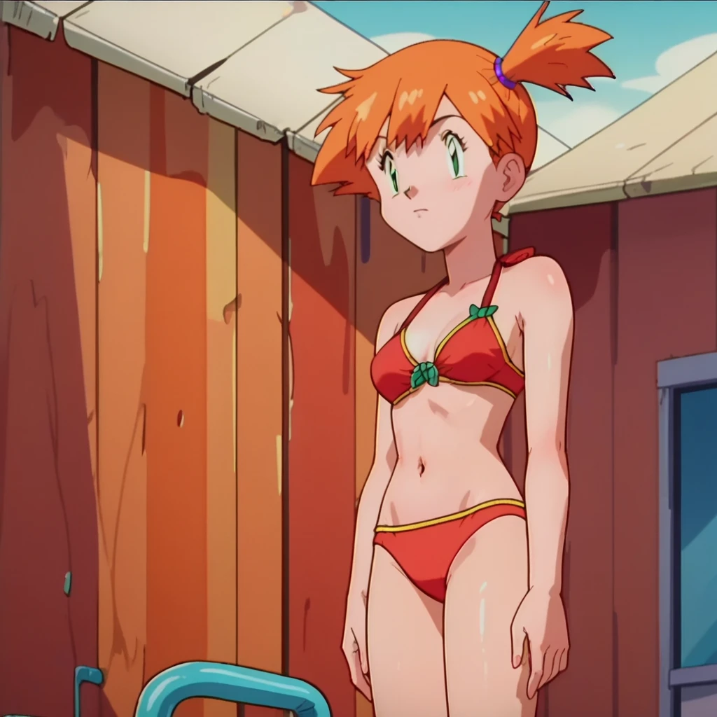 anime screencap, score_9,  score_8_up, score_7_up, score_6_up, source_anime, 1girl, solo, misty \(pokemon\), side ponytail, bikini 