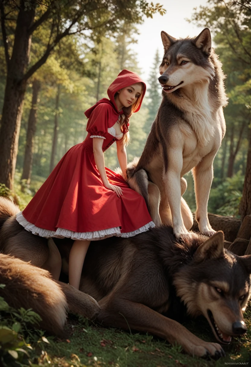 《Girl in red cloak with wolf in dark forest》Detailed digital painting, a photorealistic painting, artsy photography