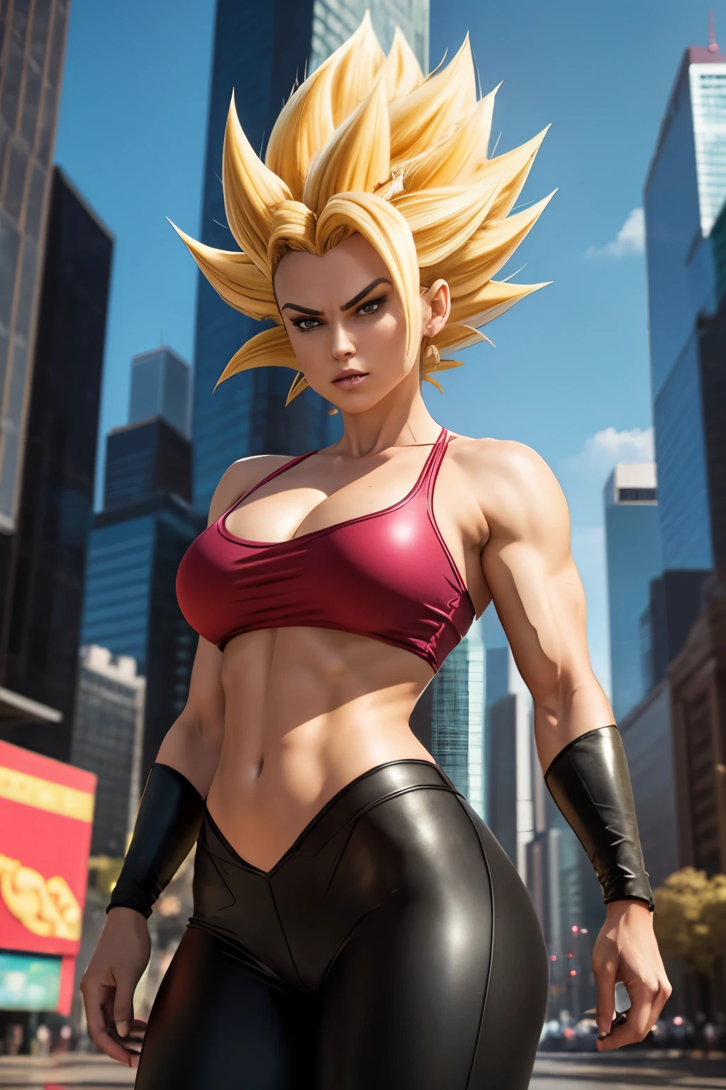   Visualize this woman transformed into Super Saiyan with the same determination and strength .  Her spiky golden Hair shines brightly and her  eyebrows  are now the same golden color. Your eyes,   formerly black and shy  ,   turned green  ,   reflecting unwavering seriousness and power  .
###   Clothes and Appearance
-   **Hair**: golden,  prickly and shiny .
- **  eyebrows  **: also golden.
- **eyes**: greens,   with a serious and decisive look  .
- **Body**: Muscular,   result of the transformation  , With an imposing posture.
- **aura**: yellow,   vibrant and pulsating  ,   emanating pure and powerful energy  .
  She wears a red shirt  ,   that now adapts to her new physique  ,   highlighting her toned muscles  .   The black pants are made of a resistant fabric  ,  , perfect for facing intense battles  . The pink blouse  ,  , formerly casually tied at the waist  ,   now moves softly with the aura around her  ,  , complementing her warrior look  .
###   Scenery
She is in the middle of the city  ,   surrounded by tall buildings and constant movement  . }  The vibrant energy of the city seems to react to your presence powerful  ,   creating an electrifying atmosphere around her  .   A transformation contrasts strongly with the urban landscape  ,  , making her a striking and unforgettable figure  .
 dragon ball z style  (  Do the characteristics of Dragon Ball. Even  )