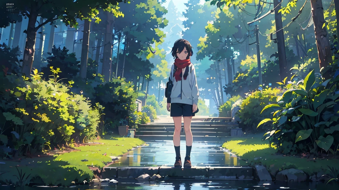 ((  best quality )), ((masterpiece)), ((  ultra high resolution with forest background)), (( super detailed)), ( An animated girl is sitting at her desk using a laptop and headphones), (Light green sweater), ( black shorts that bend both knees), ( Red scarf with black stripes), ( black hair), (Look Away:1.4),  cute eyes from the right, Potted plants, Books, Bookshelf, Books, Bookshelf,   knight , digital  anime illustration, Keyframe Illustration,  Gwaites style artwork standing at a city intersection , Makoto Shinkai&#39; Art Style , Portrait of Roffey,   digital animation art  , Makoto Shinkai style, Lofi Girl, (Sitting at a desk and hitting a keyboard ),  Anime Style Illustrations , ロフィ Art Style ,  anime illustration