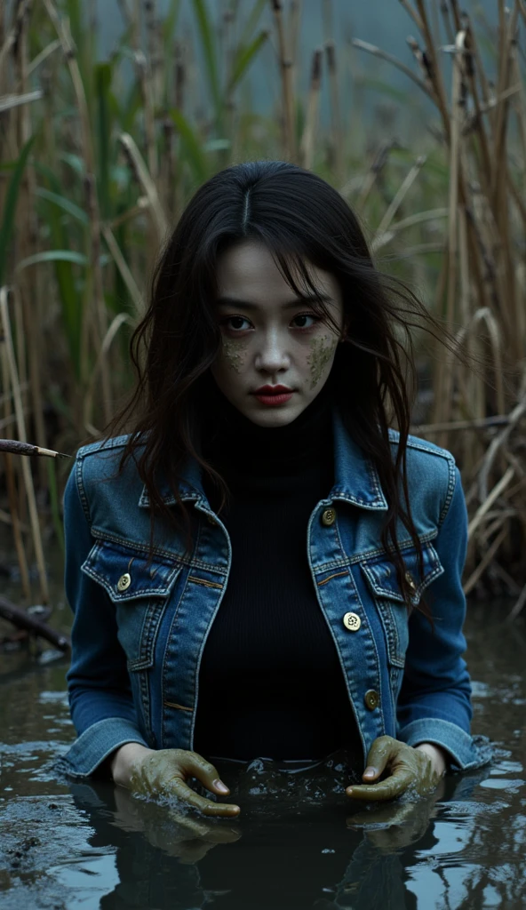 ( Best quality,4K, high definition , Realistic, vintage art 90s), close-up stuck woman ,  plunged into a viscous messy sludge, turtleneck, denim jeans, denim jeans,  tight denim jacket , wild and creepy nature environment , A vintage dark and mysterious , weed , Soft Lighting ,muted colors, viscous sludge, reeds, shameful pleasure, dusk weed, covered in  viscous messy sludge, 