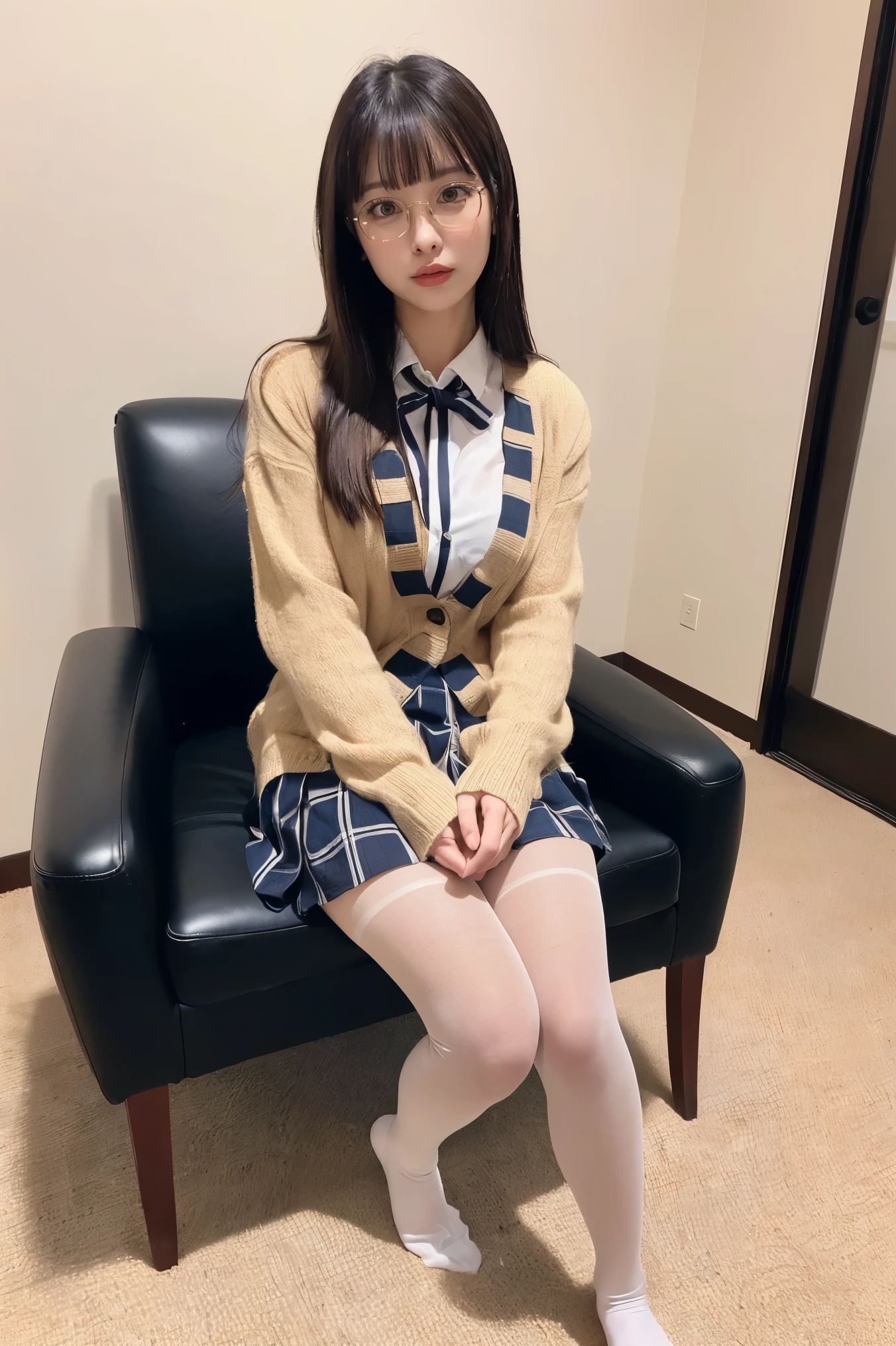 white collared shirt, blazer, bowtie, necktie, pleated skirt, micromini skirt, bobby socks, , white socks, loafers, school shoes,striped panties,(( pantyshot, panties shot)),,skirt up.cowboy shot.spread legs.((full body)).23yo .pee stain