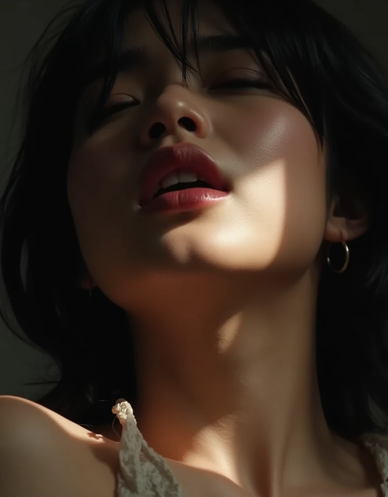 (High quality film shot with detailed depictions: 1.6), Extreme close-up of an Asian woman's face with messy black hair and piercings. Minimal make-up accentuates the skin details and her thin lips are open. Strong light shines on her nose and mouth, while dark shadows cover the rest of her body. The contrast between strong light and dark shadows adds depth to the realistic expression of her orgasmic moment. (Very sweaty skin: 1.8), Mouthful, a woman reaching the peak of orgasm, an extreme close-up of a woman's face filling the screen.