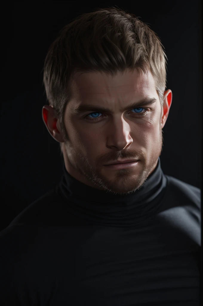 Photo of a handsome blonde man short hair ,blue eyes , short blonde hair, nice muscles ,big guy masterpiece ,wearing turtleneck best quality, photorealistic, Exceptional detail, dramatic lighting, portrait , blur back ground , soft look , black background , soft light , rtx 