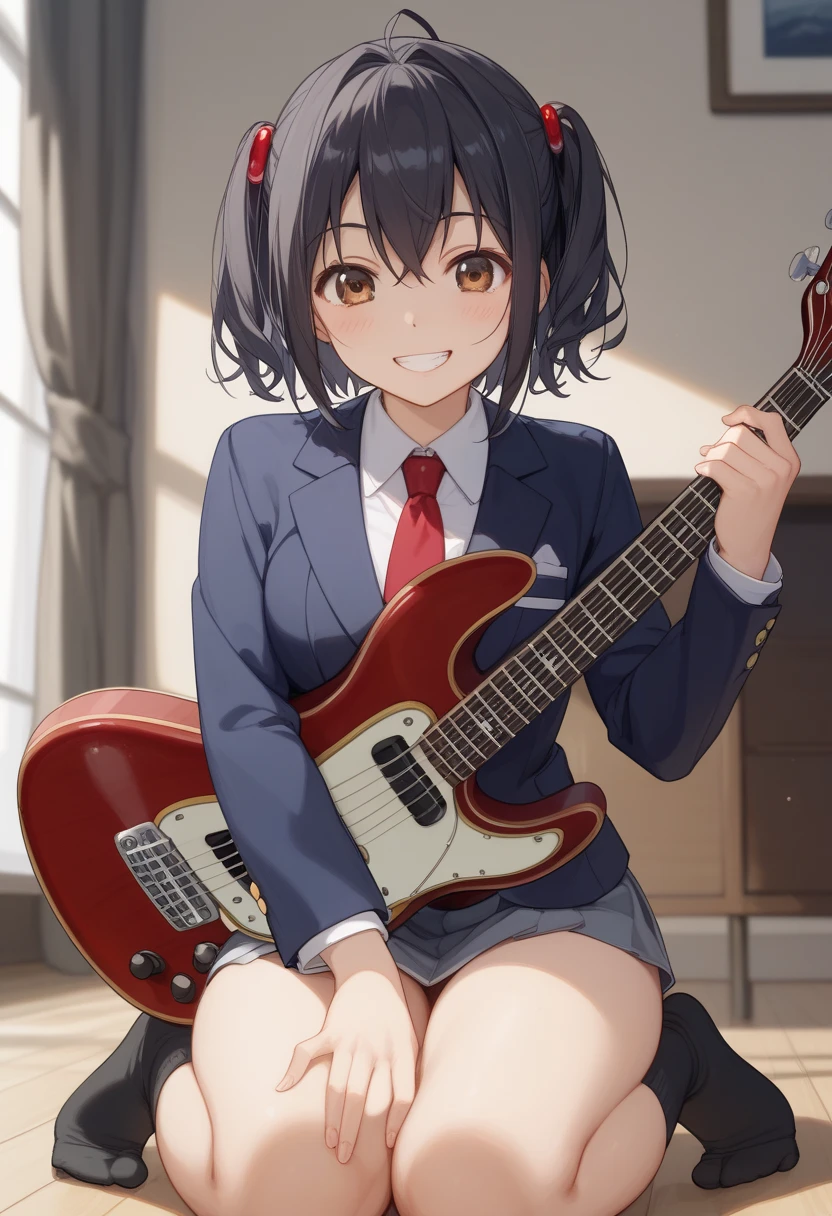  Azusa Nakano(K-ON!！)、navy blue blazer clothes,Red tie、 grey miniskirt, 、 black hair twin tail, Club room、nakano azusa(K-ON!)、 brown eyes、Black socks、 、Lori figure 、I have a guitar、Kyoani's face、Rounded outline、Eyes that are completely squishy、Big Eyes 、smile、Showing teeth、 kneeling、 thighs are thick