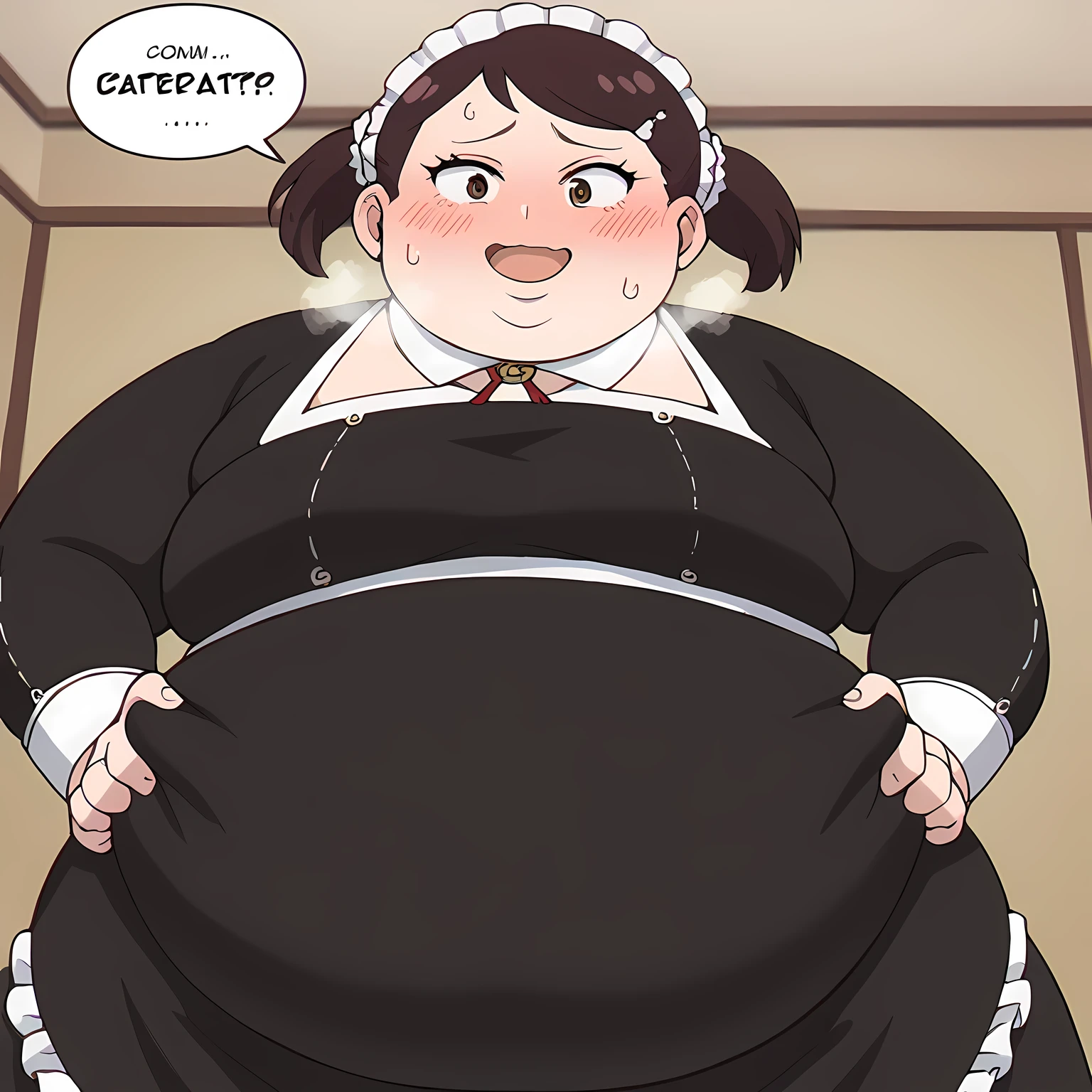 score_9, score_8_up, score_7_up, source_anime BREAK 1girl, Becky blackbell, ganryu, maid uniform, bedroom, smile, sweating, growing fatter, ,fat, chubby, obese, open mouth, out of breath, absurdres, highres icon, rating:General, confused, blush, spoken question mark, {flustered}, nervous sweating, portrait, pov hands, hand on another's belly, averting eyes, [looking away], straight-on, from behind, swollen face, bulging belly
