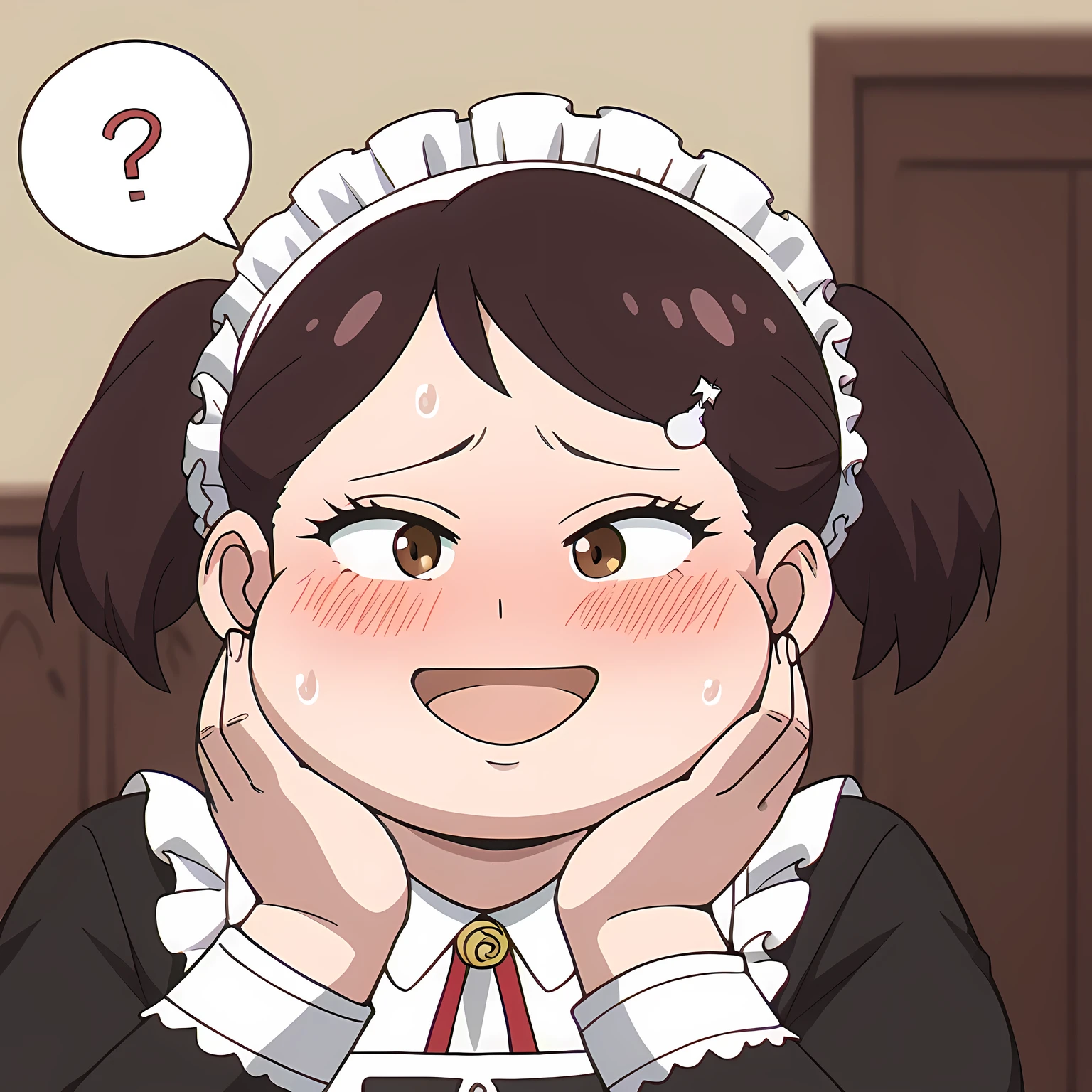 score_9, score_8_up, score_7_up, source_anime BREAK 1girl, Becky blackbell, ganryu, maid uniform, bedroom, smile, sweating, growing fatter, ,fat, chubby, obese, open mouth, out of breath, absurdres, highres icon, rating:General, confused, blush, spoken question mark, {flustered}, nervous sweating, portrait, pov hands, hand on another's cheek, averting eyes, [looking away], straight-on, swollen face, upper body

