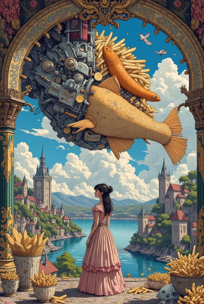 A large expanse of water in space, beautiful landscape. very beautiful gigantic huge realistic fish and chips. photogenic. focus fish and chips,close up gigantic fish and chips. girl wearing Victorian  gown, British Decoration landscape