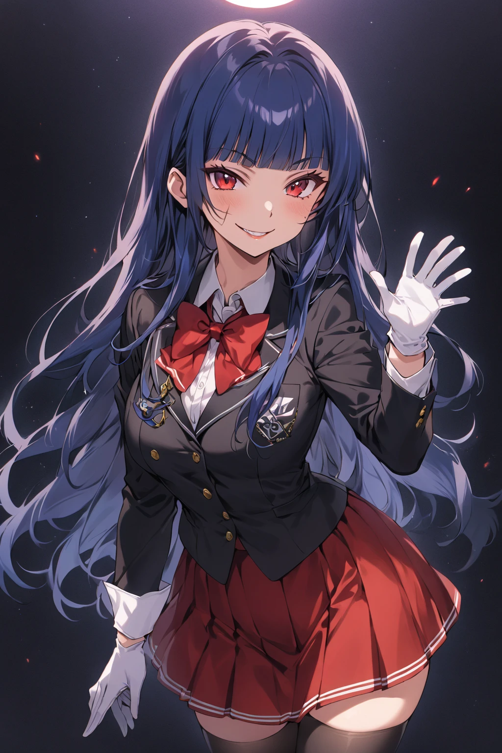 score_4_up, score_9, score_8_up, score_7_up, score_6_up, score_5_up, good hands, high quality, extreme details, masterpiece,1girl, solo,royal blue hair, long hair, black school jacket, white shirt inside with a red bow, red skirt, red eyes, evil smile, midnight background, red bow, tall height, black stockings,scenery, blunt bangs, 1 scar on face, mature female, purple electric on body, white gloves
