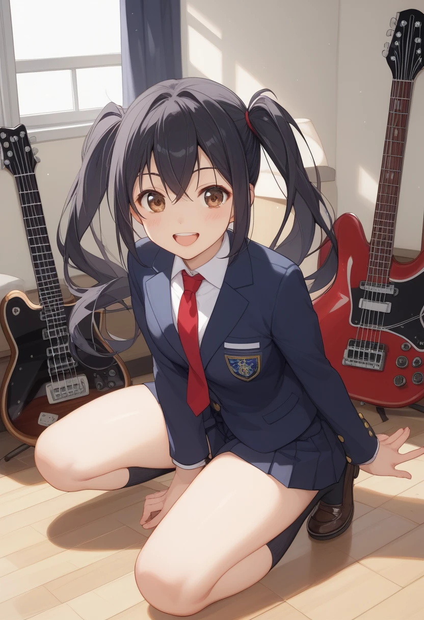  Azusa Nakano(K-ON!！)、navy blue blazer clothes,Red tie、 grey miniskirt, 、black hair long twin tails, Club room、nakano azusa(K-ON!)、 brown eyes、Black socks、 、Lori figure 、I have a guitar、Kyoani's face、Rounded outline、Eyes that are completely squishy、Big Eyes 、smile、Showing teeth、 kneeling、 thighs are thick