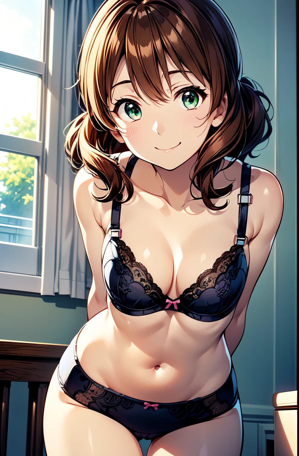 (highest quality, 4k, masterpiece :1.3), Beautiful woman, 1 girl, solo, (chest, attractive body :1.2), showing pubic area:, underboob, cleavage, JK, thong, crop top white shirt,  sleeveless, dark brown hair: 1.1, sailor suit, super detailed face, lip details, half opened mouth, smile, fine green eyes, double eyelid, spread legs, one knee up, bedroom, showing pubic area: