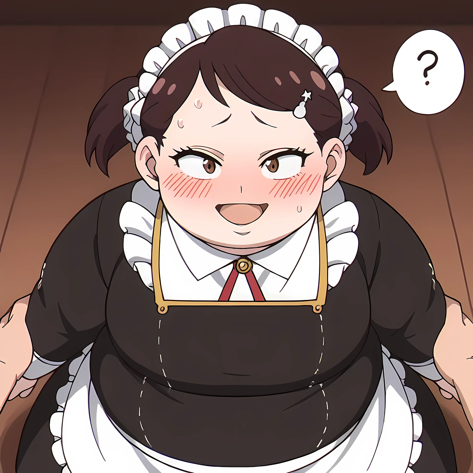 score_9, score_8_up, score_7_up, source_anime BREAK 1girl, Becky blackbell, ganryu, maid uniform, bedroom, smile, sweating, growing fatter, ,fat, chubby, obese, open mouth, out of breath, absurdres, highres icon, rating:General, confused, blush, spoken question mark, {flustered}, nervous sweating, portrait, pov hands, hand on another's belly, averting eyes, [looking away], straight-on, from above, swollen face, bulging belly
