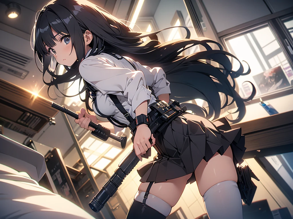 suspender gun holster longhair japanesewoman skirt handcuffed Nīhai gātāberuto Long socks garter belt animegirl backhandcuffed
