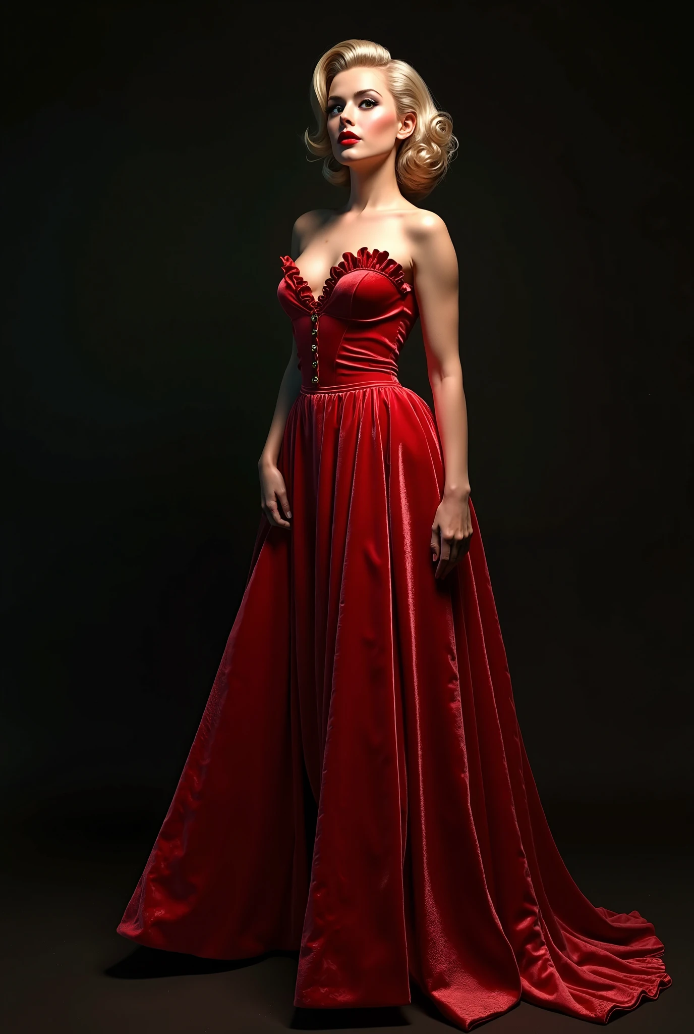 A portrait of a  dancers in a tango She has a contemplative expression, with her gaze directed towards the viewer. The woman wears a draped garment with slit on the side in shades of  red , with the fabric flowing   gracefully around her. The background is abstract, with soft, bokeh against a dark backdrop , emphasizing the subjects.  Artists: Mann, Gammell, Kley, Goldin, Gerome, Quentin Blake, DamienHirst, Hajime Sorayama, Anne Bachelier, Gibson, , Parrish .  detailed photo fujifilm provia 400x renaissance-inspired chiaroscuro, HDRI.