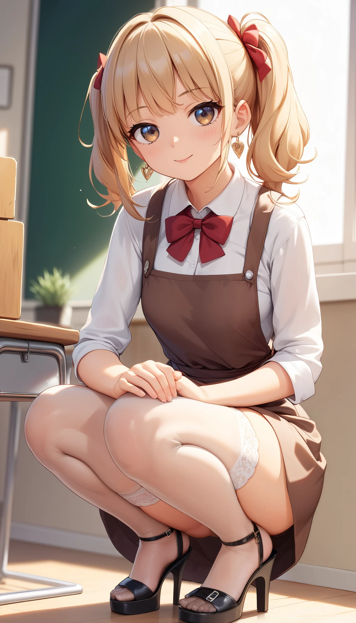 (Perfect Anatomy), Masterpiece, Ultra High Quality, 8k, masterpiece, Highest quality, Ultra-high resolution, Maximum resolution, Very detailed, Professional Lighting, anime, young female, 1 japanese 1 female, Narumiya Suzu, ite girl, thin teen, so beautiful, Highly detailed eye, Highly detailed face, Golden earrings, wheat color Hair, Straight bangs, full body, She faces the camera. She is squatting with her legs spread apart, exposing her genitalia, (wearing a (brown short dress with lace white apron)), (brown dress:1.4), (classroom indoors theme), (tan stockings), (high heels) (platform shoes), show her wet inner thighs, tiny girl