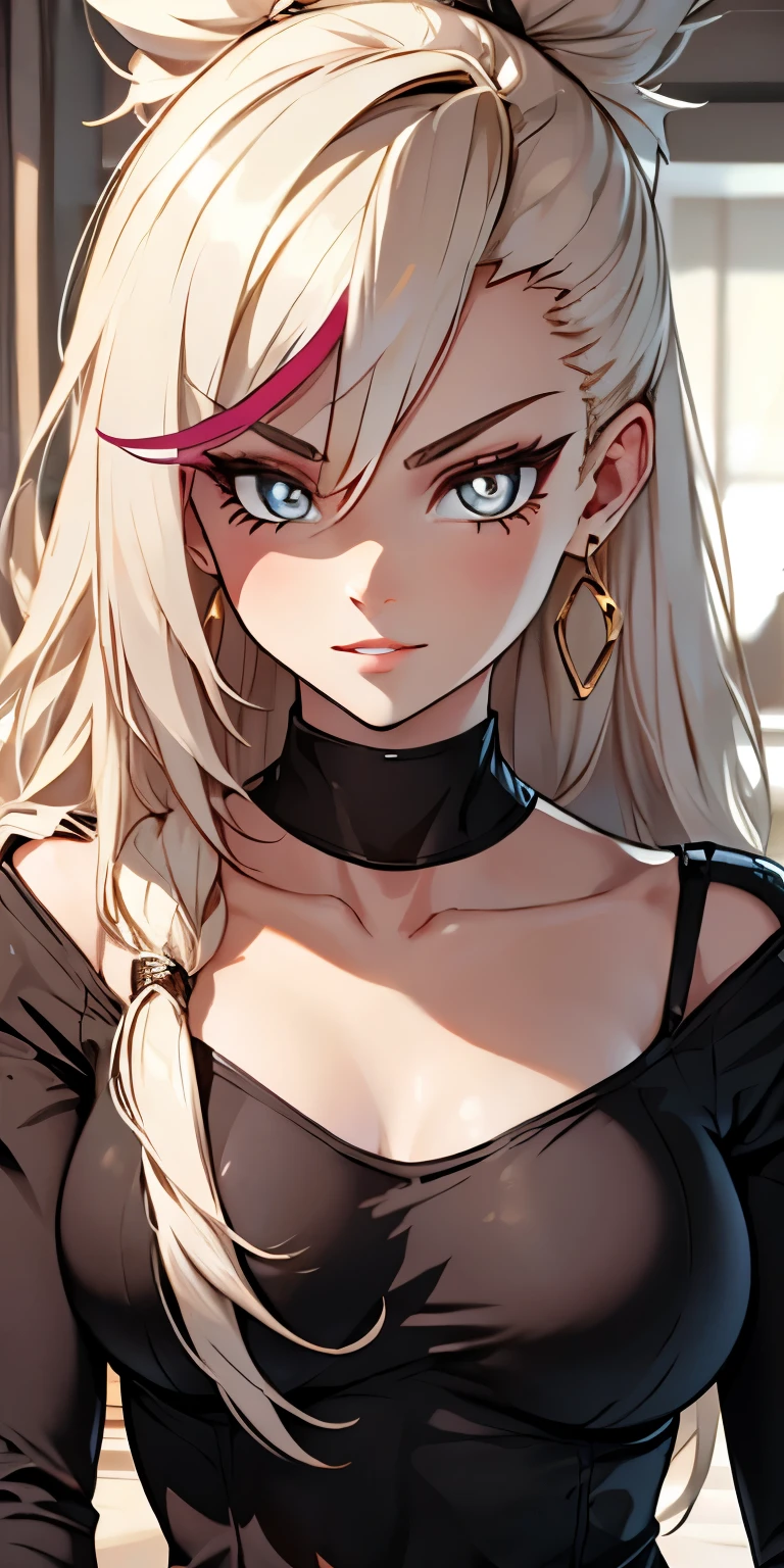 Beautiful girl, (Platinum hair), ((very long curly hair)), face perfect, innocent smirk, trunk,(cerulean eyes), (yan), (mic), (slim), ((flat-chested)), ((2)), skin denture, extreme detail, charming oval face, Red lips, Pink, shining skin, detailed hair, Facial Focus, Close-up chest, gold decorative necklace, gold earrings, ((1 girl)), Embarrassed expression, elf ears