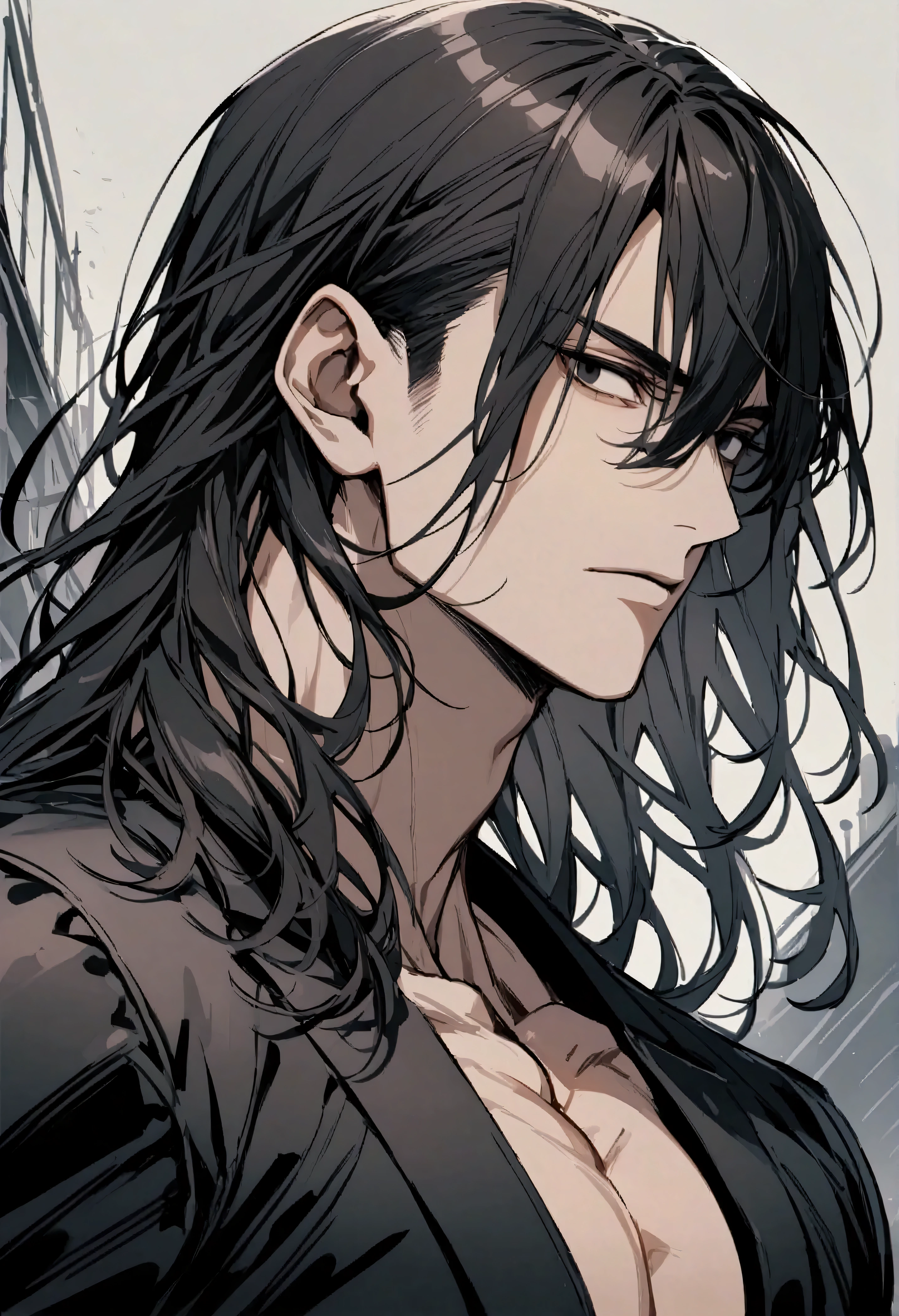 with dark hair, Medium-length hair, wearing a black suit, Detailed portrait of a man with a toned muscular body , black eyes