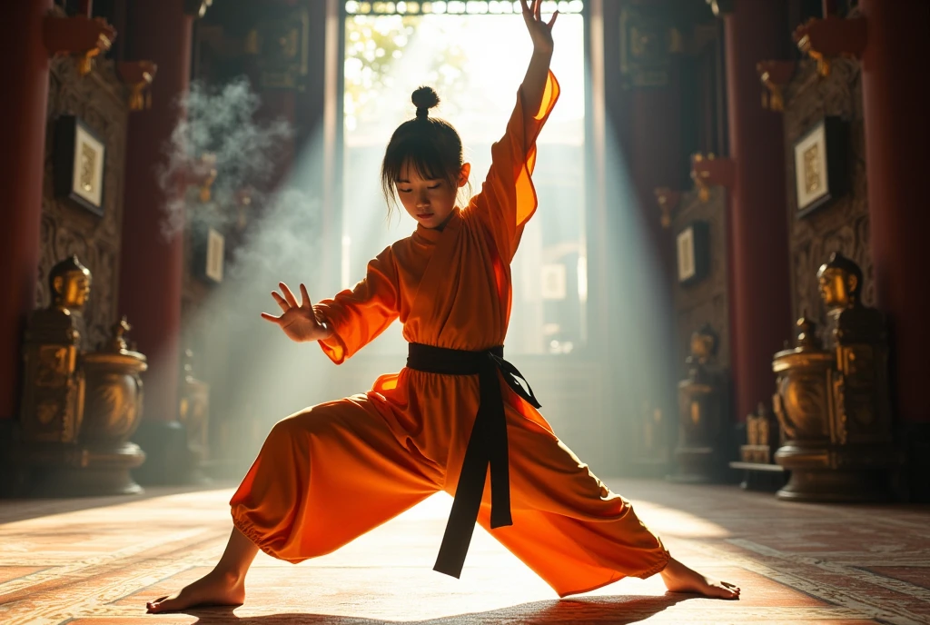 ((best quality, 8K, masterpiece: 1.3)), A realistic image of a young girl performing an impressive kung fu pose inside an ancient Shaolin temple. She is dressed in traditional Shaolin attire, featuring an orange robe tied with a black sash, and her expression is focused and determined. The temple's interior is adorned with intricate carvings, statues of Buddha, and incense smoke wafting through the air, creating a serene yet powerful atmosphere. Sunlight streams through the high windows, highlighting her dynamic movements and the discipline in her stance.