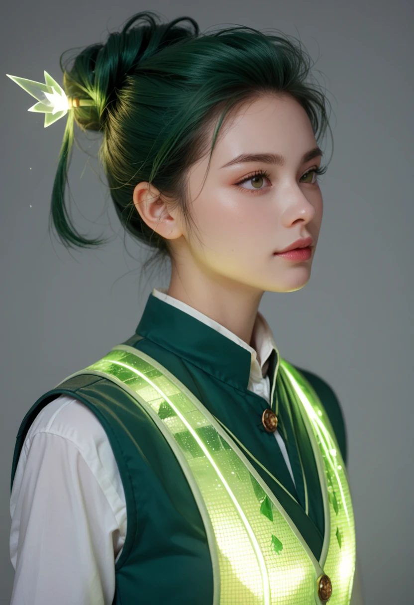 reserved scholar with long dark green hair tied back, wearing a simple linen shirt under a glowing etheric vest, surrounded by softly floating, 