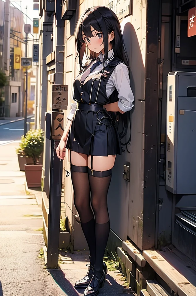top-quality、超A high resolution、女の子1人、Light blue sailor suit、a miniskirt,(huge-breasted:1.2)、Black boots, riding on motorcycle, long black hair,poneyTail, Photo, Residential area,Live Action,japanes,独奏,Beautiful expression,Wearing black tights,beautiful smiling face,perfect body type,Black choker,Live Action,No logo,No letters,Wearing black stockings