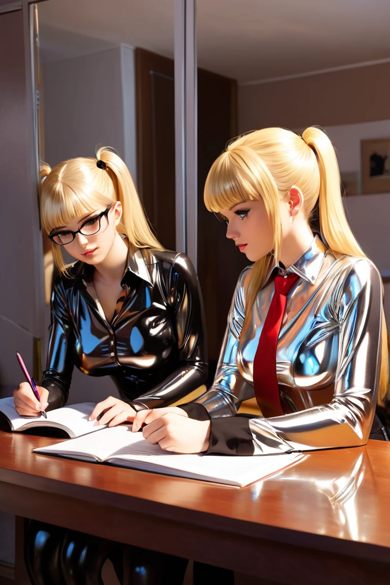 Three 20 year old girls, blonde hair, white shirt, deep V neckline, empty classroom, BDSM, slave, plump figure, black lingerie, black pantyhose, big emphasis, big ass emphasis, exposed breasts, sitting at a table, exposed ass, high heels, detailed eyes, leggings, kissing each other, lesbian, 4K high resolution
