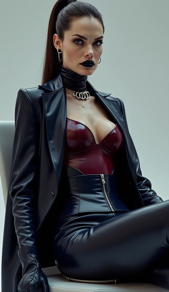 Hot Jewish girl wearing IDF uniform, sexy black latex underwear, body is wet, shiny, black pubic hair, covered in blood, classic style, retro aesthetic, pink nipples, semen on her belly and face, small tits