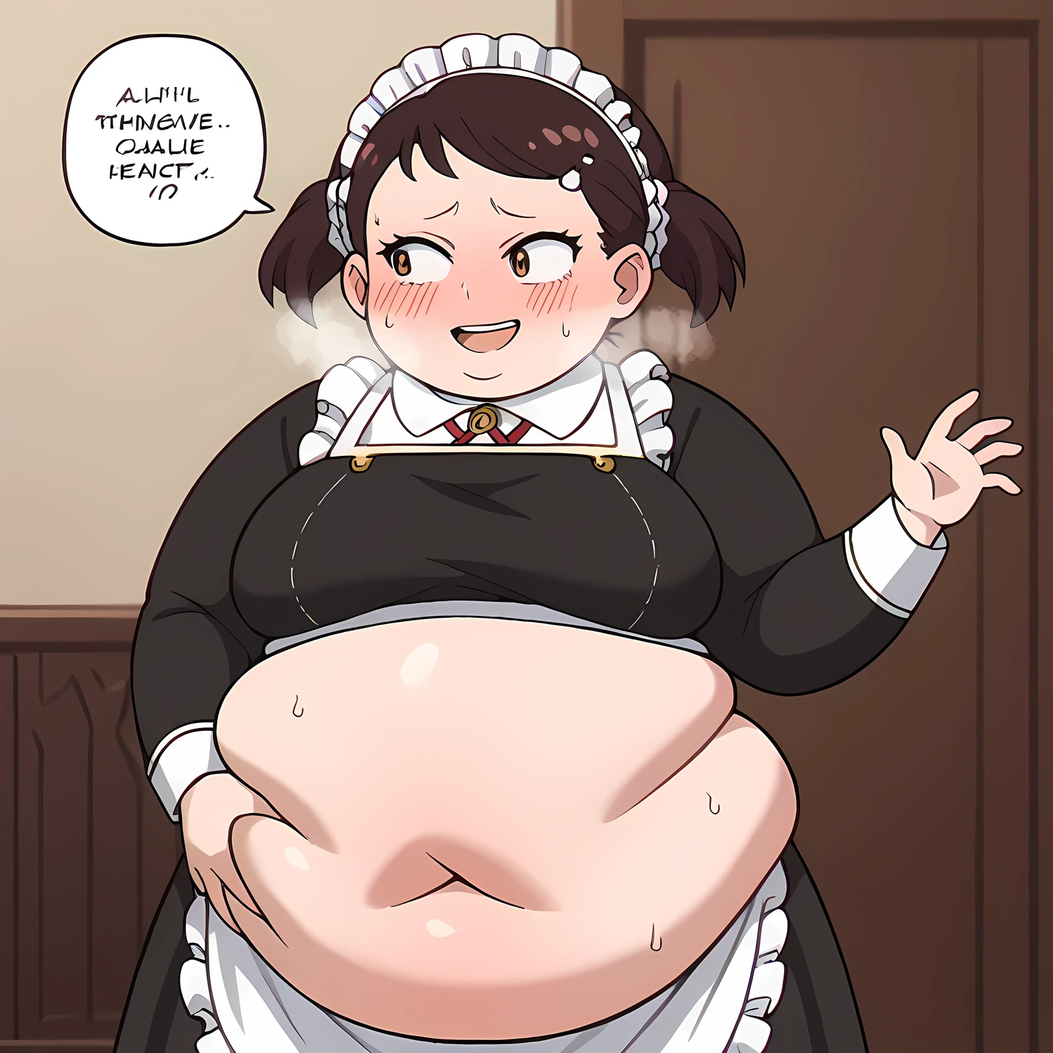 score_9, score_8_up, score_7_up, source_anime BREAK 1girl, Becky blackbell, ganryu, maid uniform, bedroom, smile, sweating, growing fatter, ,fat, chubby, obese, open mouth, out of breath, absurdres, highres icon, rating:General, confused, blush, spoken question mark, {flustered}, nervous sweating, portrait, pov hands, hand on another's belly, averting eyes, [looking away], straight-on, from behind, swollen face, bulging belly
