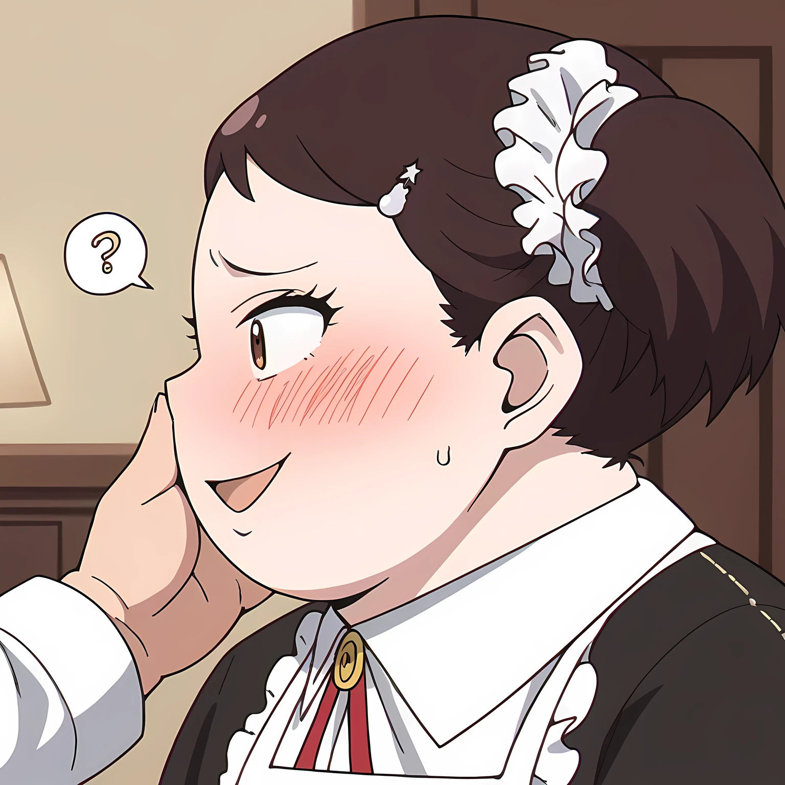 score_9, score_8_up, score_7_up, source_anime BREAK 1girl, Becky blackbell, ganryu, maid uniform, bedroom, smile, sweating, growing fatter, ,fat, chubby, obese, open mouth, out of breath, absurdres, highres icon, rating:General, confused, blush, spoken question mark, {flustered}, nervous sweating, portrait, pov hands, hand on another's cheek, averting eyes, [looking away], straight-on, swollen face, upper body, from side

