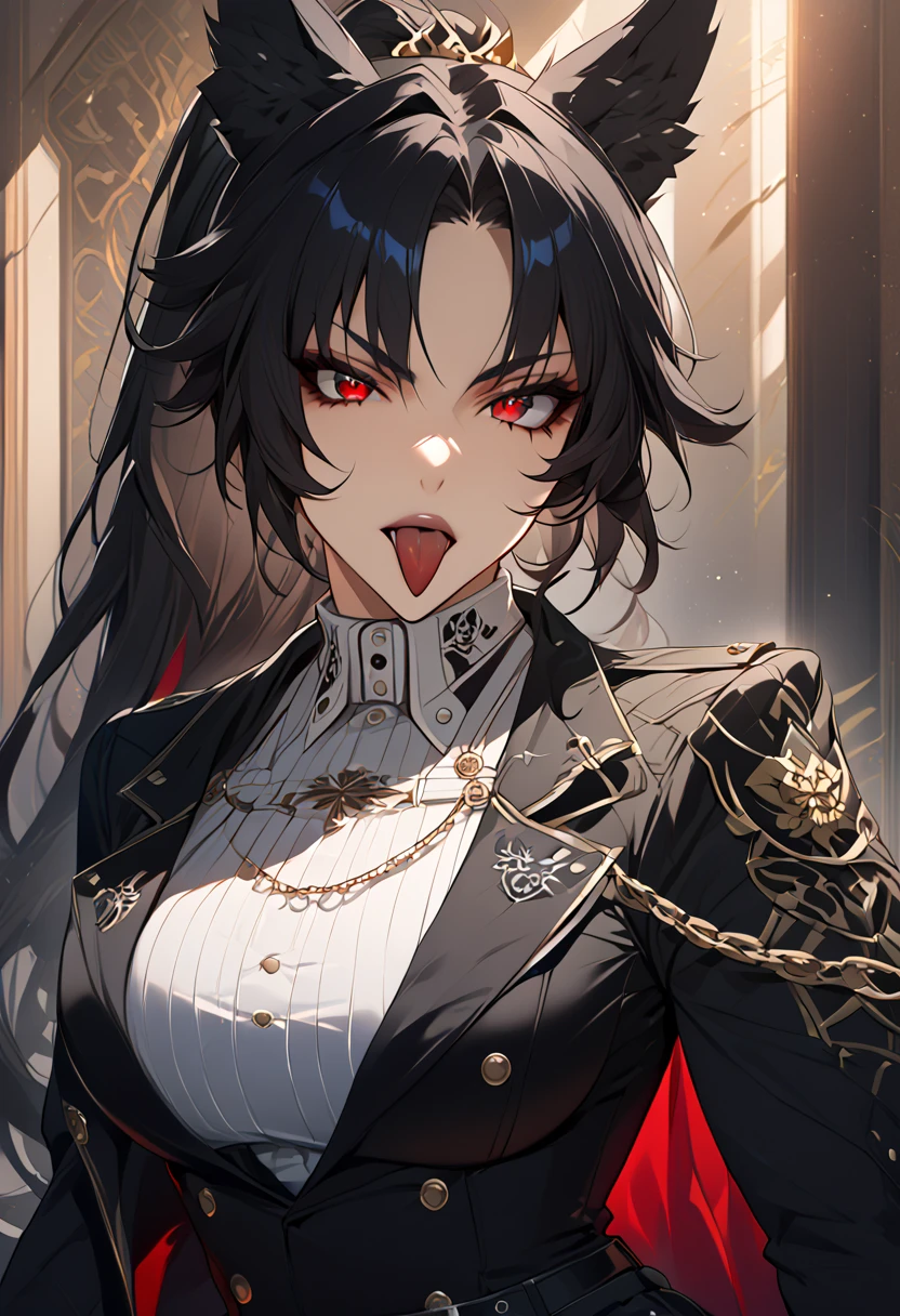 beautiful anime woman wearing a black military trench coat, tight black jeans pants, wolf ears, wolf tail, half wolf and half human, red eye color, black hair in a ponytail, light novel art, detailed anime art, anime, regal, royal, sexy, thicc, beautiful feminine facial features, flirtatious, sultry, slutty, petite, sharp canines, aheago, villain, all black clothing, high quality, very detailed anime art, feminine, slender face, military general vibes, pretty girl, good lighting, close up shot of face, sticking her tongue out expression, lewd