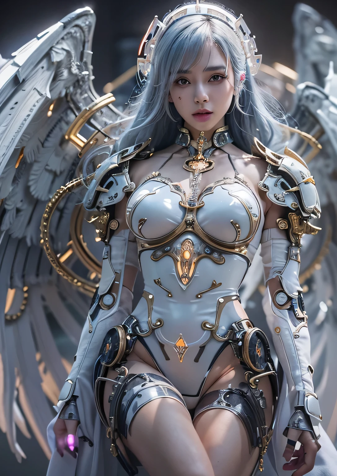cyborg, girl, beautiful girl, cute, sexy, strong, thin, delicate, smile, (ta Costume), High Leg, metallic, Ultra Color, Paisley pattern, headgear, Mandala, Near future, heaven, Angel, feather, wing, Helix lamp
