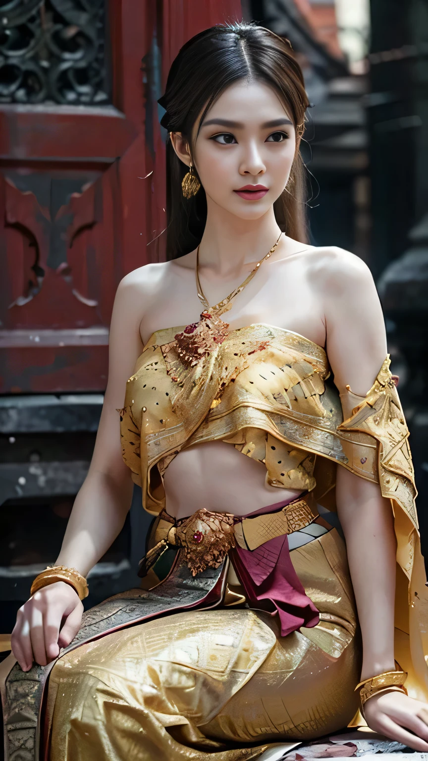 (raw photos:1.2), (realistic:1.4), (Masterpiece:1.3), (best quality:1.4), Ultra high resolution, (Detailed eyes), (Detailed facial features), (Detailed clothing features), HDR, 8K resolution, Focus only, Dressing according to Thai tradition, Strapless, Thai female warrior, Tabengman, 1 woman , big breasts, A gigantic rift, big breastsดันเสื้อผ้า, big breast, The breasts are fully grown.., Make your breasts bigger.., small waist, Long legs, Facing the audience, Full body, depth of field, Cinema-grade lighting system, big breasts, Your breasts are too big for your body., Revealing a flat stomach, The lower half of the chest can be seen.., sexy sitting position, Sitting on a palanquin, Image from a very low angle, holding an ancient sword,There are golden wings coming out of its back.