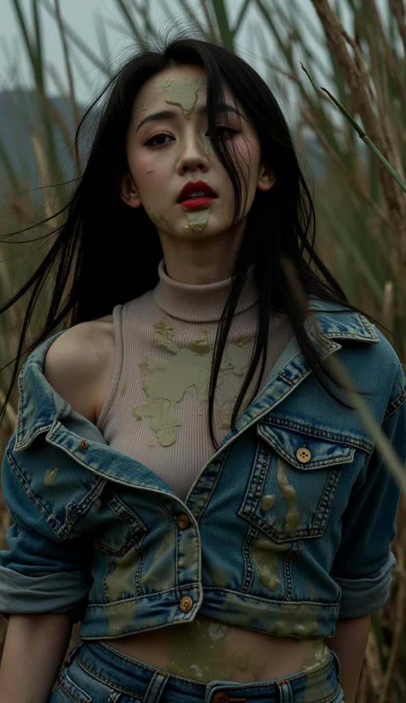 ( Best quality,4K, high definition , Realistic, vintage art 90s), close-up stuck asian woman ,  plunged into a viscous messy sludge, turtleneck, denim jeans, denim jeans,  tight denim jacket , wild and creepy nature environment , A vintage dark and mysterious , weed , Soft Lighting ,muted colors, viscous sludge, reeds, shameful pleasure, dusk weed, covered in  viscous messy sludge, 