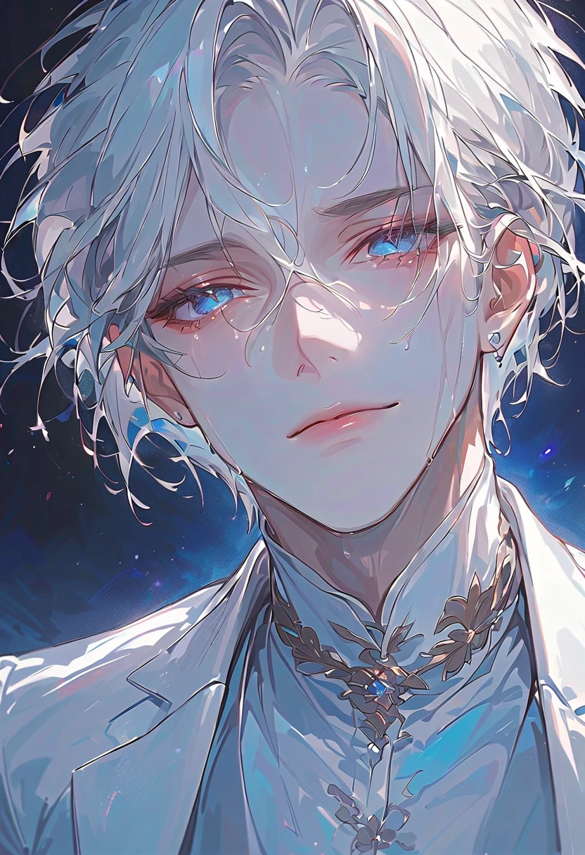 masterpiece,1 male,handsome,sliver hair,short hair,hair between eyes,sky-blue eyes,laughs with eyes,tears on eyes,closed mouth,white suit,white dress shirt,upper body,night,night-sky-star