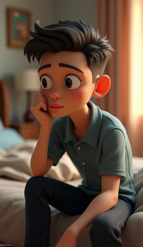 a boy sitting with his hands on his knees