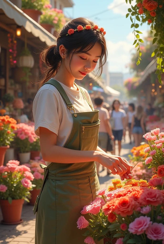 1girl 24yo sells flowers on the street of Bangkok in Smoky Conditions, messy light brown hair with bun, shabby apron, hourglass body shape, super model lookalike, naked, telephoto lens,
