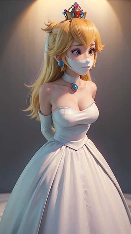 score_9, score_8_up, score_7_up, 1girl, solo, Princess Peach \(Mario Bros\), ((masterpiece)), ((best quality)), (detailed), perfect, solo, peach, gorgeous woman with wedding dress, long hair, huge breast, deep cleavage, huge breasts, sexy, wearing a microfoam mask, tight microfoam mask, black wrap microfoam mask, complete body view, full body view, (arms behind back:1.4), front view.