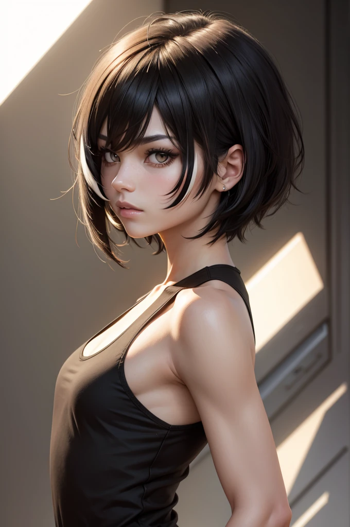 there is a picture of a male with female type hair like hair, solo, 1girl, black hair, looking at viewer, upper body, short hair, sleeveless, bare shoulders, from side