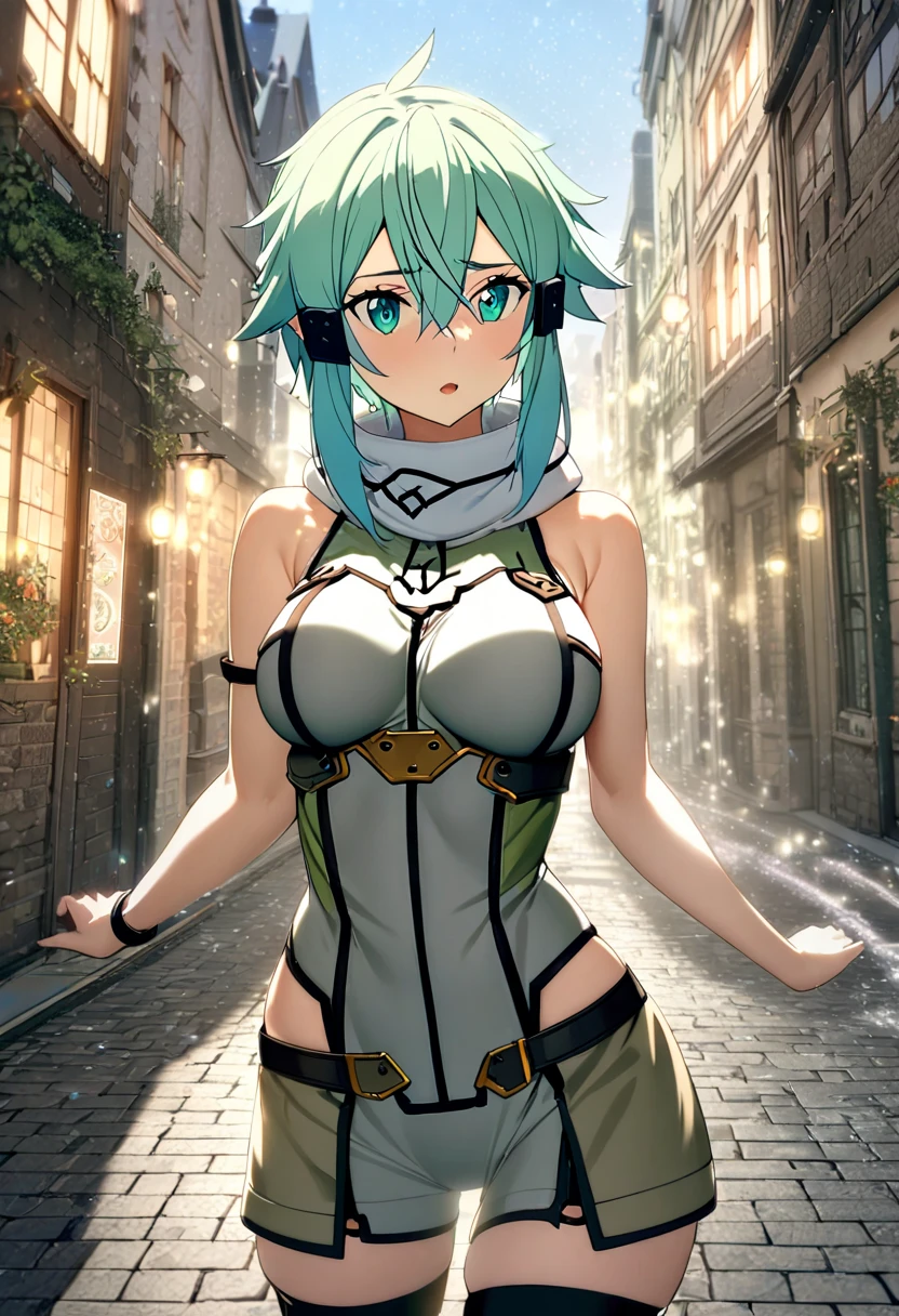 Masterpiece, best quality, 1 girl, Sinon, shocked expression, black bra and underwear, mysterious alley, date, hands forced above head, pinned to wall, blushing, looking at camera, wet pussy, seductive, steamy, dimly lit, intense gaze, seduction, passionate encounter, sensual, steamy atmosphere, revealing clothing, intimate moment, bold, daring, edgy. Sinon, in a surprise turn of events, finds herself in an unknown alley on a date. Her expression is one of shock as her date suddenly strips her of her clothes, leaving her only in her black bra and underwear. She is pinned to the wall with her hands