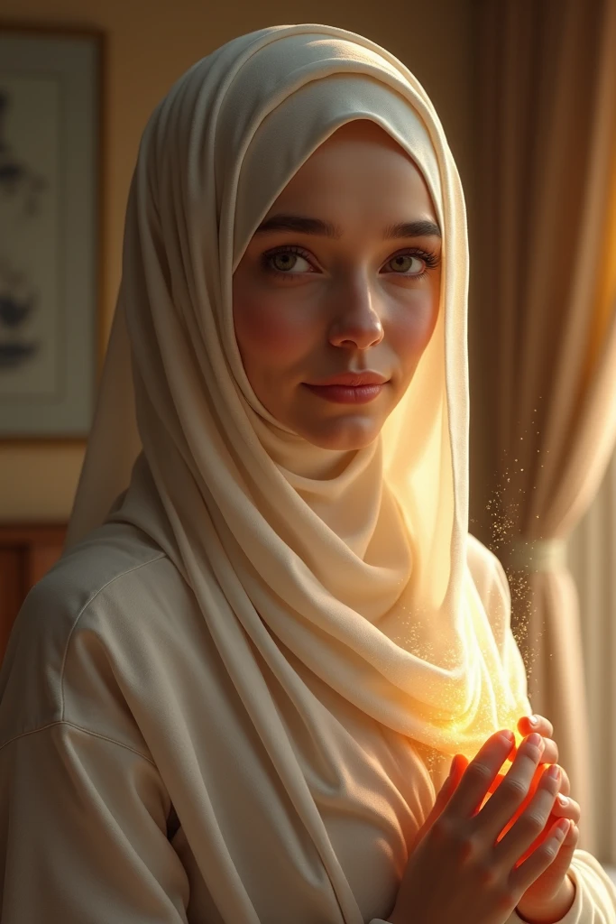 ((best quality)), ((masterpiece)), (detail), perfect face, close-up photo of an asian muslim woman standing next to a door, wearing a long white hijab, a wide and long white patterned abaya, view of an ancient room with intricate details, sparkling and magical light, surreal photo, 8k, very high resolution, sharp face