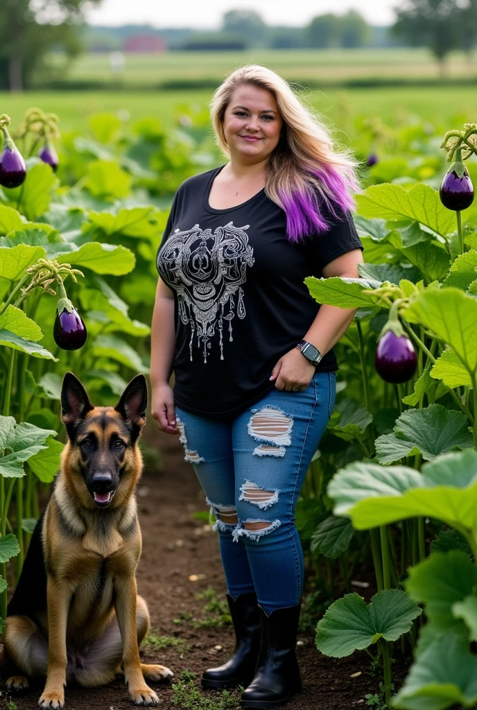 ((masterpiece)) ((photography)) ((Highest quality)) ((best quality, 8K, masterpiece: 1.3)), A realistic image of a curvy overweighted fat woman with blonde hair featuring purple streaks, standing confidently in a field of lush eggplant plants. She wears a stylish black t-shirt with an intricate design, ripped jeans, and black boots, exuding a casual yet edgy vibe. Beside her sits a majestic German Shepherd, alert and watchful. The eggplant plants surround them, with vibrant green leaves and purple eggplants adding contrast to the scene. The atmosphere is sunlit, with soft natural light highlighting the details of their attire and the serene countryside setting.