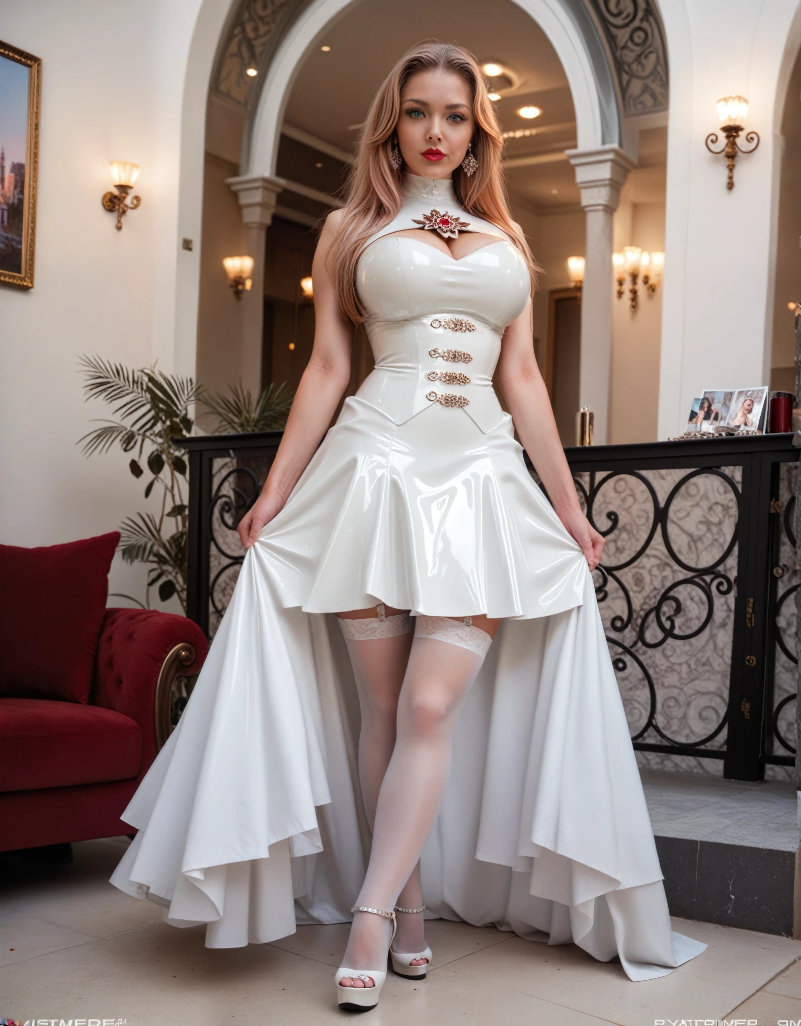 Young Korean 1girl, full body,realistic skin ,perfect skin,  Pale  lipstick, big breasts, Ingrid , blue eyes, perfect eyes, red long  hair ,latex gloss  white colour ruffle mini dress, white latex mini skirt, white latex stockings,full length, extreme detailed, masterpiece,8k, stunning, highly detailed, 8k, ornate, intricate, dehazed, atmospheric,duration:1.6), (best quality,4k,8K,high resolution,masterpiece:1.2),ultra-detailed,(realistic,photo-realistic,photo-realistic:1.37),hyperdetalized,extremely sharp focus,physically based visualization,professional photography,bright colors,cinematic lighting, hotel apartment,Простой фон, 