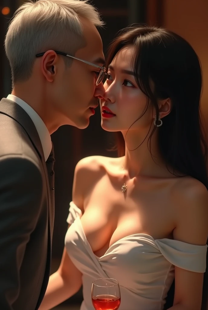 In a nightclub, a beautiful woman wearing erotic lingerie hugs tightly and kisses a young man, UHD, masterpiece, textured skin, super detail, best quality, 8k.