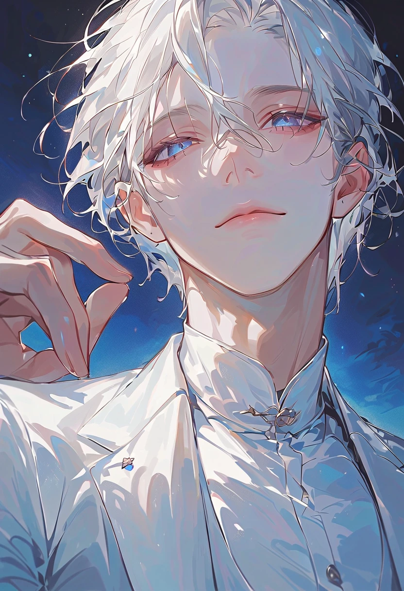 masterpiece,1 male,handsome,sliver hair,short hair,hair between eyes,sky-blue eyes,laughs with eyes,closed mouth,white suit,white dress shirt,upper body,night,night-sky-star