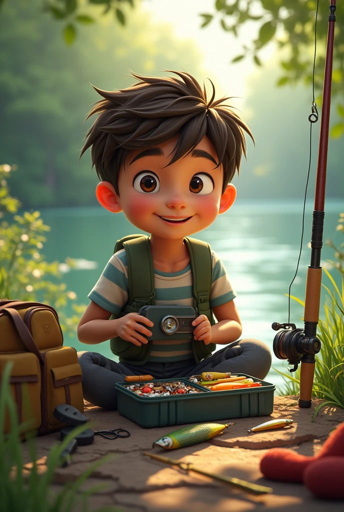 A single younger boy wearing ash colout short and marron colour t-shirt.Printed "Kasun" on his t-shirt.sitting on bench near lake. Chocolate on his left hand.Comb on his right hand. Bajaj discover bike near him.make realistic image.