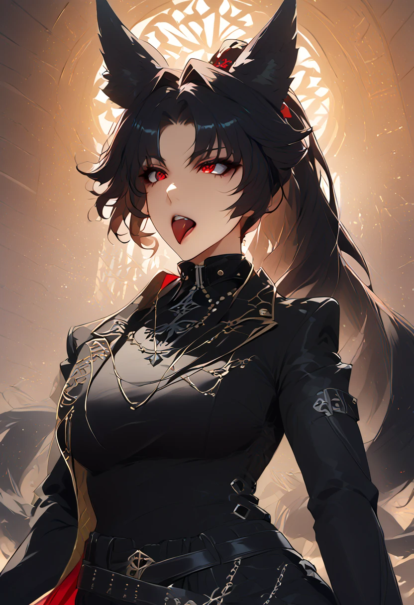 beautiful anime woman wearing a black military trench coat, tight black jeans pants, wolf ears, wolf tail, half wolf and half human, red eye color, black hair in a ponytail, light novel art, detailed anime art, anime, regal, royal, sexy, thicc, beautiful feminine facial features, flirtatious, sultry, slutty, petite, sharp canines, aheago, villain, all black clothing, high quality, very detailed anime art, feminine, slender face, military general vibes, pretty girl, good lighting, close up shot of face, sticking her tongue out expression, lewd