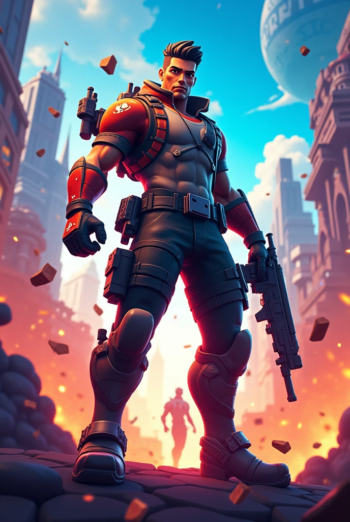 Illustrate a character in a similar vein to a popular battle royale video game. The character, Maurice, should be noticeably muscular with accents of bright neon colors on his outfit. He has short, styled hair and carries high-tech weapons. The surrounding landscape is a mixture of lush, green areas and modern, towering structures.