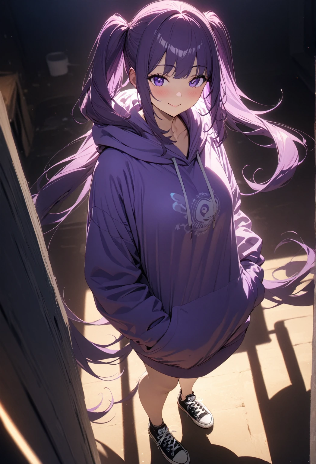 (masterpiece:1.2,  best quality), ( high definition),purple long twin tails, oversized hoodie,Converse low cut, standing, smile, Volumetric Lighting, Best Shadow,  shallow depth of field, (  best quality , Amazing Details:1.25), 