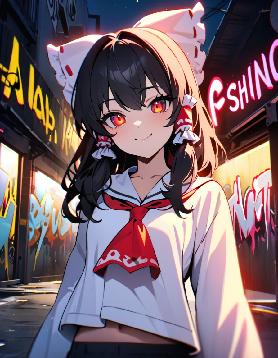 masterpiece,  best quality, 8k, detailed background, masterpiece,  best quality, smile,  small hips ,  hoodies , Portraiture, Neon Red, graffiti, dark, night, Shining Eyes,  black light,Reimu Hakurei