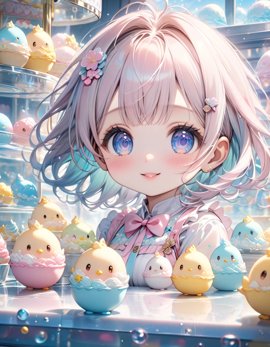 (masterpiece, ultra-detailed, best quality, clear focus, dramatic scene, cinematic), shadow, (ultra-high resolution, 8k), perfect anatomy, perfect face, (detailed face, detailed eye, chibi), cute Japanese chibi girl, famous Japanese chibi idol, very beautiful and cute and cool face, (wearing a pastel colored cute outfit:1.3), (very large breasts), (She looking at the ice cream showcase in the ice cream shop:1.3), (ice cream showcase is filled with many chicks), (detailed chicks:1.3), happy smile, futuristic with creative pastel colored ice cream shop, 